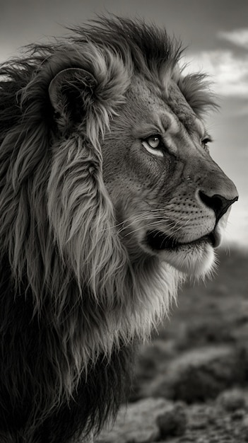 Free photo black and white portrait of wild lion in nature