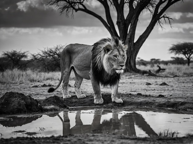 Black and white portrait of wild lion in nature