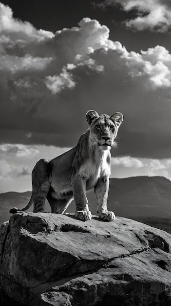 Free Photo black and white portrait of wild lion in nature