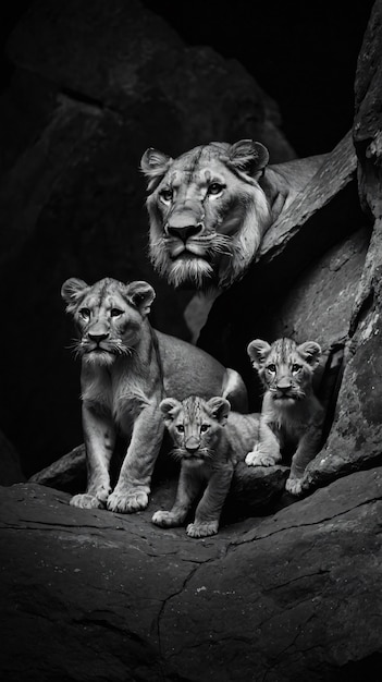 Free photo black and white portrait of wild lion in nature