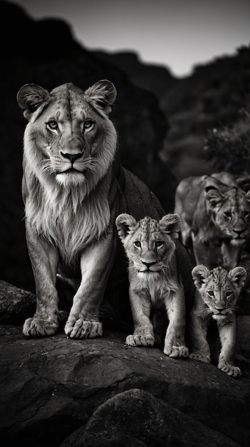 Free photo black and white portrait of wild lion in nature