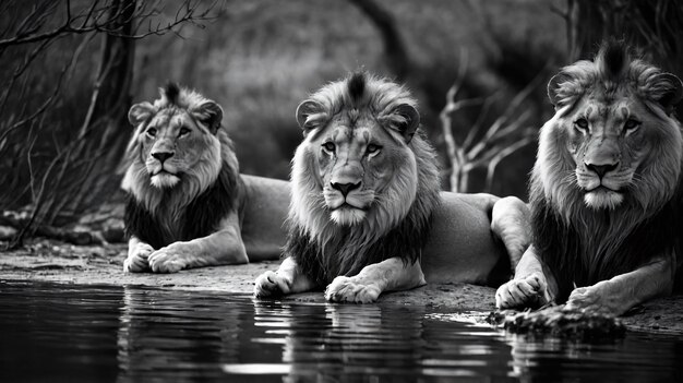 Black and white portrait of wild lion in nature