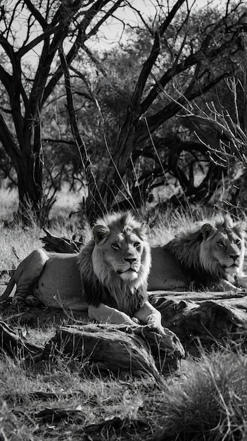 Free Photo black and white portrait of wild lion in nature