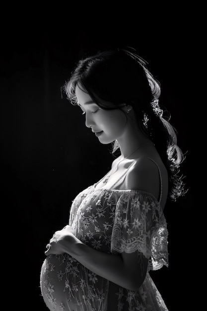 Black and white portrait of woman expecting a baby