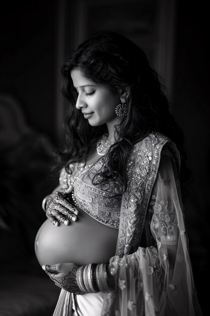 Black and white portrait of woman expecting a baby