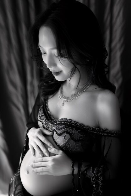 Black and white portrait of woman expecting a baby