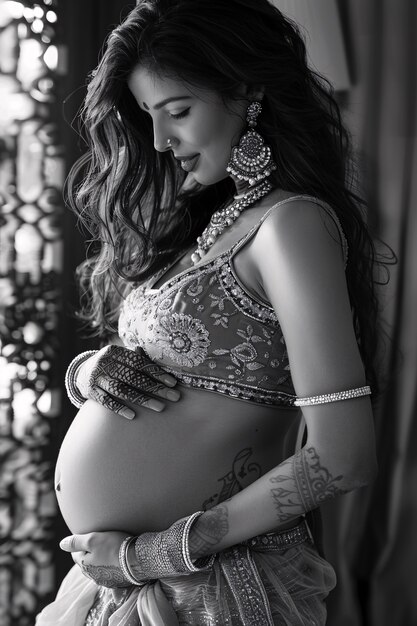 Black and white portrait of woman expecting a baby