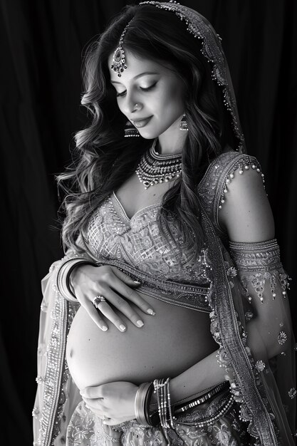 Black and white portrait of woman expecting a baby