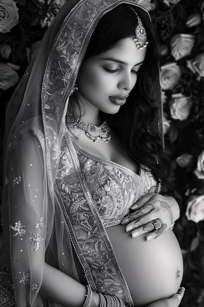 Black and white portrait of woman expecting a baby