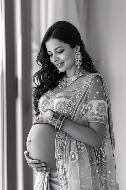 Black and white portrait of woman expecting a baby