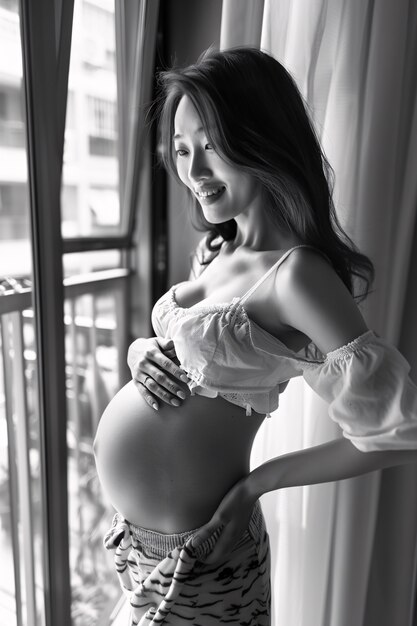 Black and white portrait of woman expecting a baby