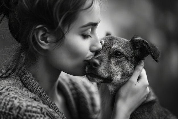 Free photo black and white portrait of woman kissing dog