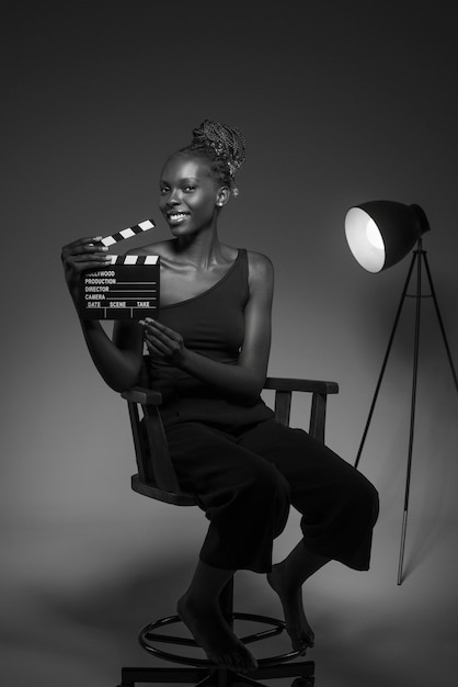 Black and white portrait of woman with clapperboard in old hollywood glamour style