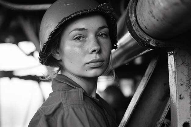 Black and white portrait of working woman in celebration of labour day