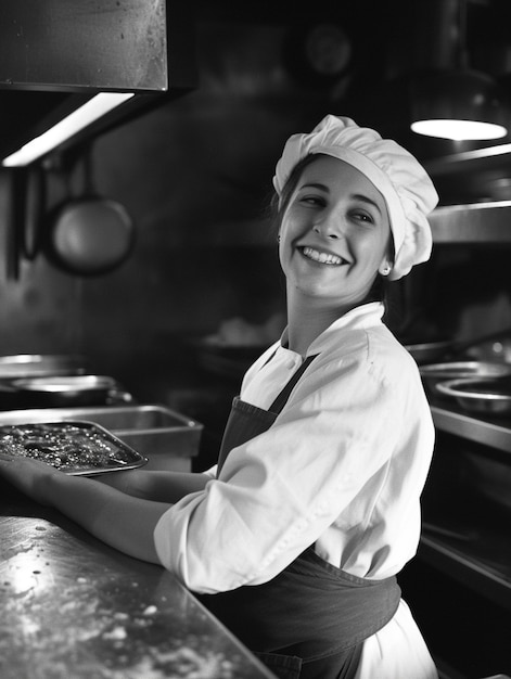 Free photo black and white portrait of working woman in celebration of labour day