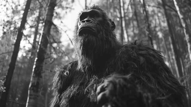 Black and white representation of sasquatch hairy beast