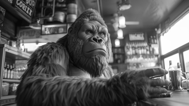 Black and white representation of sasquatch hairy beast