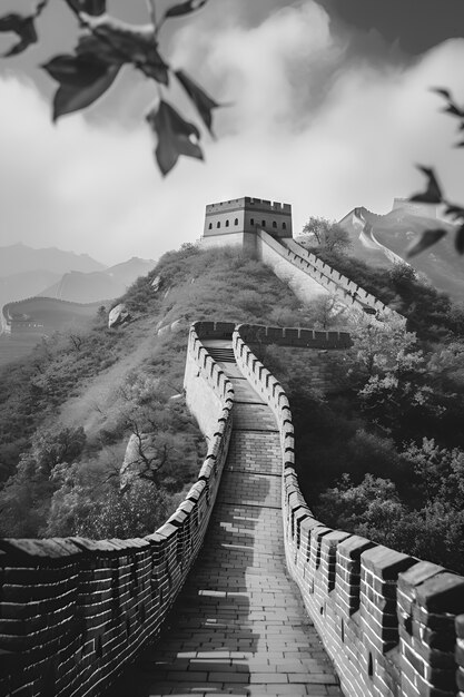 Black and white scene of the great wall of china