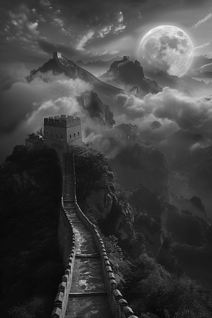 Black and white scene of the great wall of china