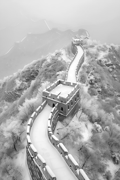 Black and white scene of the great wall of china