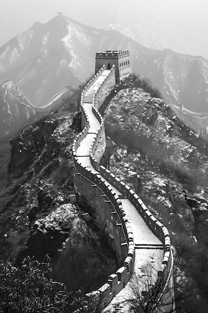 Black and white scene of the great wall of china