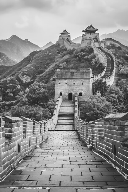 Black and white scene of the great wall of china