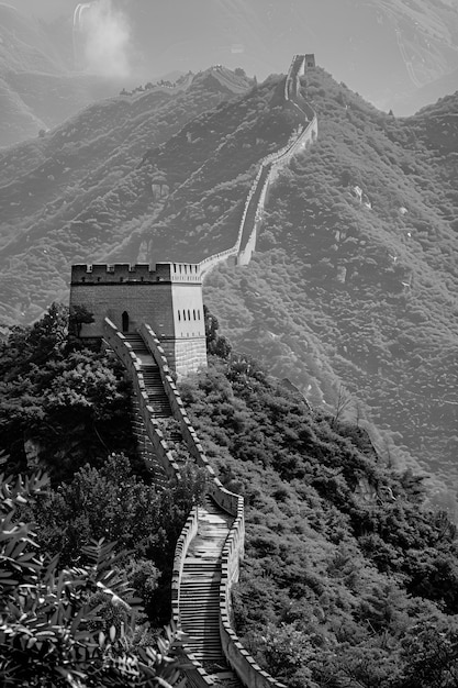 Black and white scene of the great wall of china