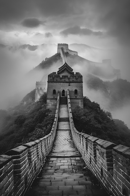 Black and white scene of the great wall of china