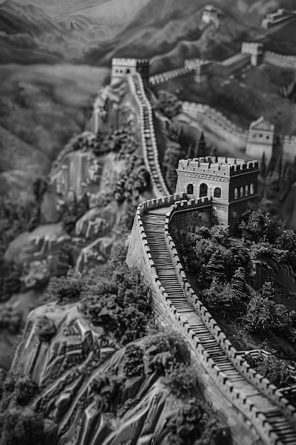 Black and white scene of the great wall of china