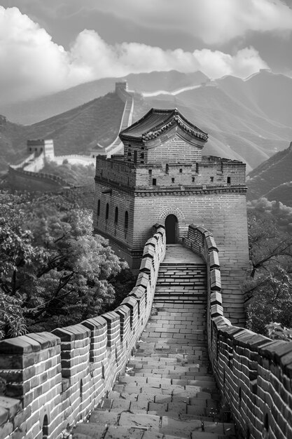 Black and white scene of the great wall of china