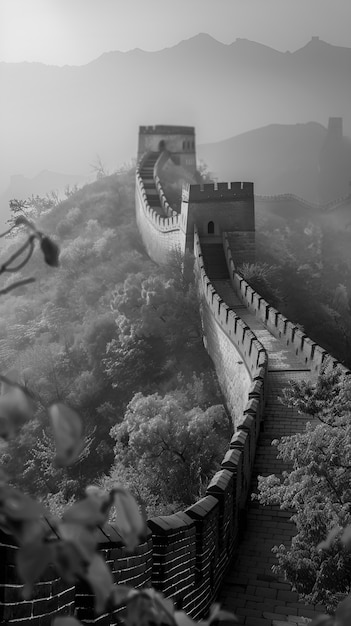 Free photo black and white scene of the great wall of china