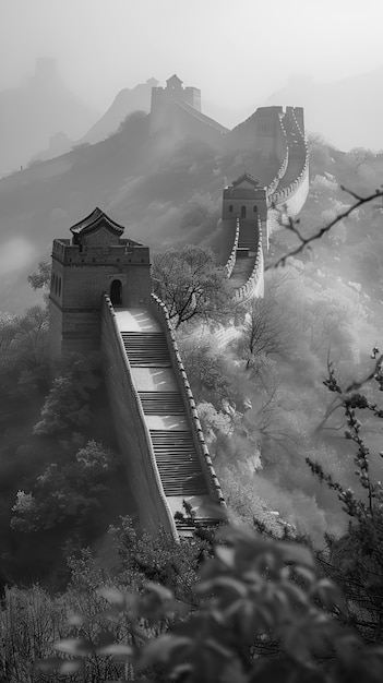 Black and white scene of the great wall of china