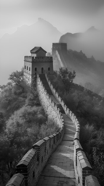 Black and white scene of the great wall of china