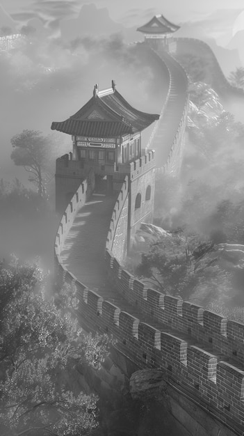 Black and white scene of the great wall of china