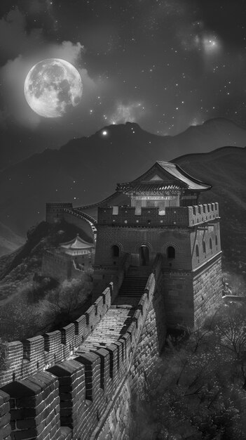 Black and white scene of the great wall of china