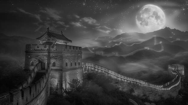 Free Photo black and white scene of the great wall of china