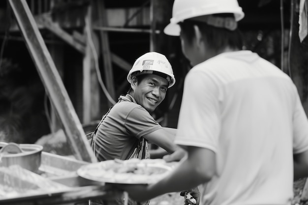 Free Photo black and white scene showcasing the life of construction workers on the site