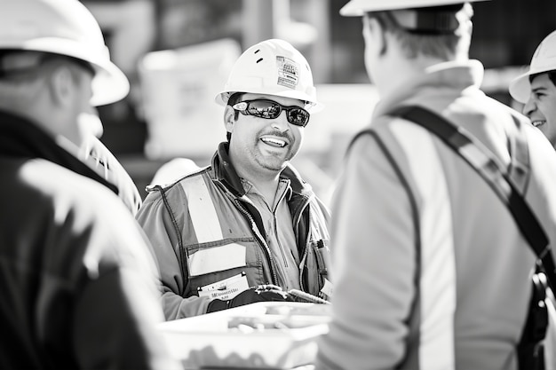 Free photo black and white scene showcasing the life of construction workers on the site