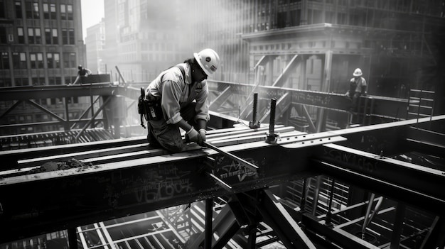 Free photo black and white scene showcasing the life of construction workers on the site