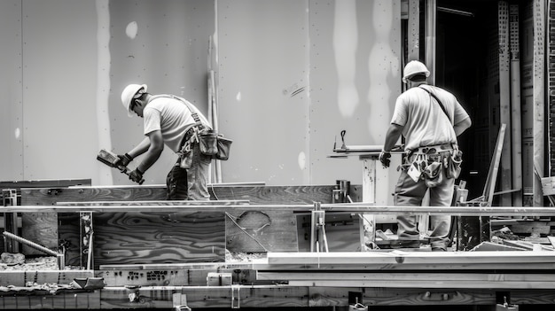 Free photo black and white scene showcasing the life of construction workers on the site