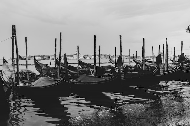 Free photo black and white shot of gondolas docked in the water