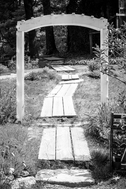 Free Photo black and white shot of a wooden pathway through a small arch in a forest