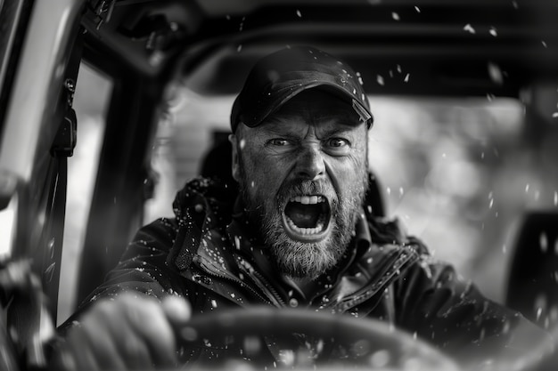 Black and white view of adventure time with off-road vehicle and rough terrain