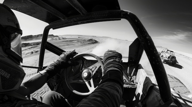 Free photo black and white view of adventure time with off-road vehicle and rough terrain