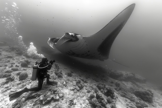 Free photo black and white view of manta ray in its natural underwater environment