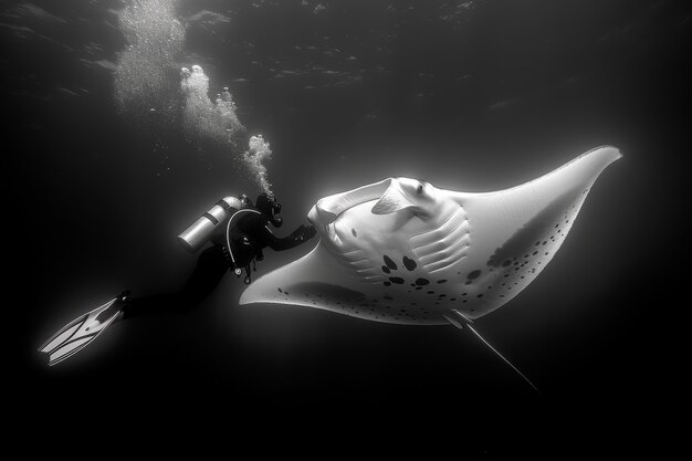 Black and white view of manta ray in its natural underwater environment