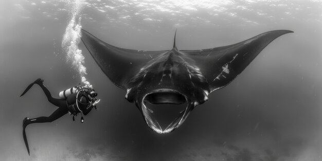 Free photo black and white view of manta ray in its natural underwater environment