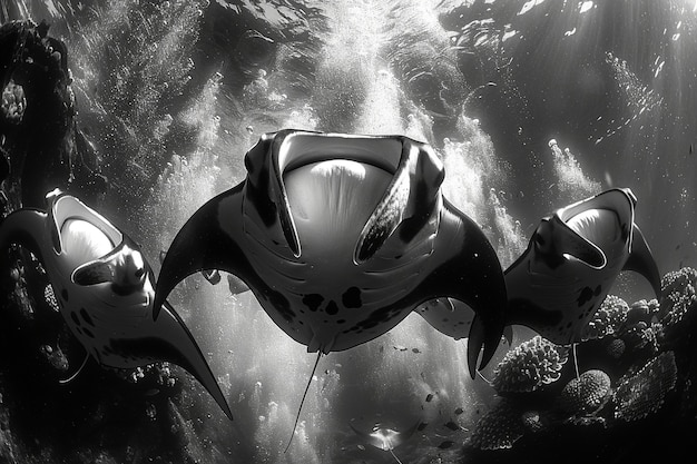 Free photo black and white view of manta ray in its natural underwater environment