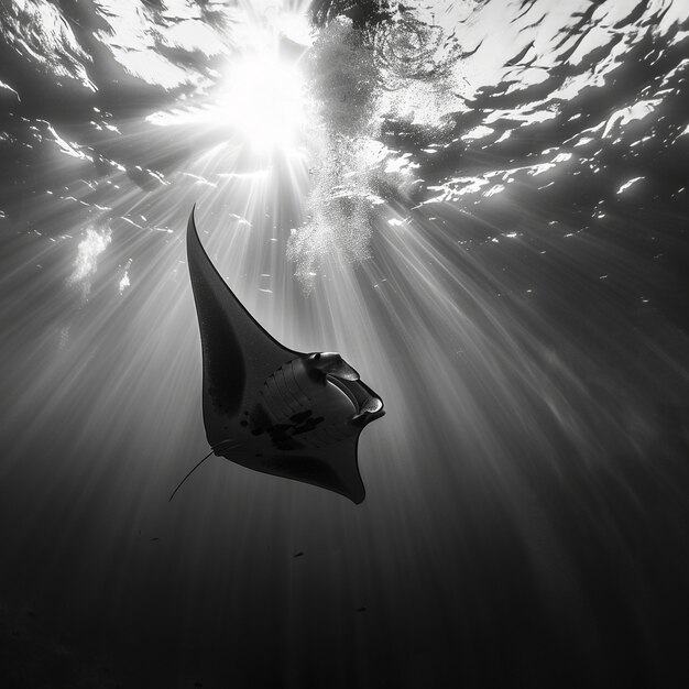 Black and white view of manta ray in its natural underwater environment