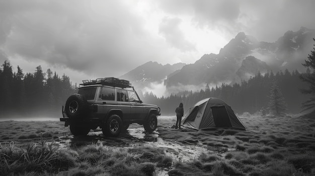 Free photo black and white view of off-road vehicle driven on rough terrain